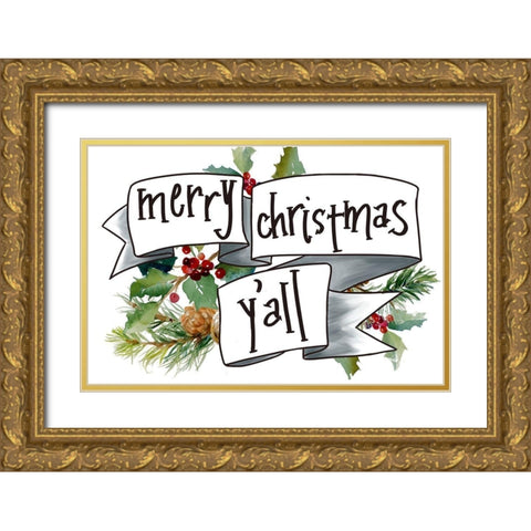 Merry Christmas Yall Gold Ornate Wood Framed Art Print with Double Matting by Loreth, Lanie