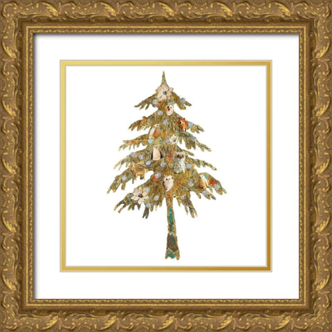 Holiday Tree with Birds Gold Ornate Wood Framed Art Print with Double Matting by Pinto, Patricia