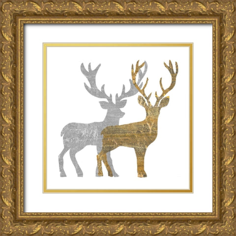Two Holiday Deer Gold Ornate Wood Framed Art Print with Double Matting by Pinto, Patricia