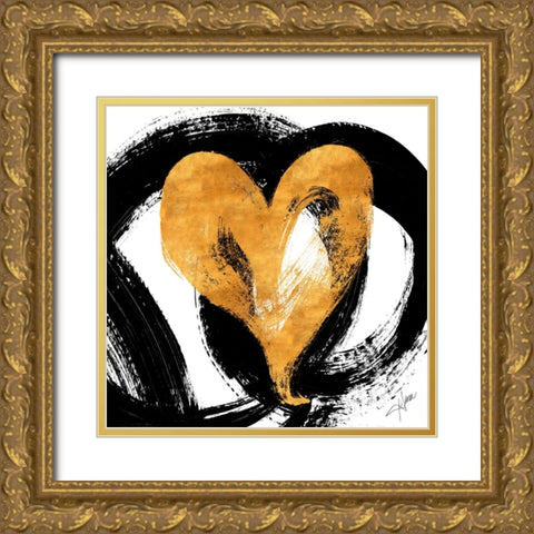 Black And Gold Heart Strokes I Gold Ornate Wood Framed Art Print with Double Matting by Ritter, Gina