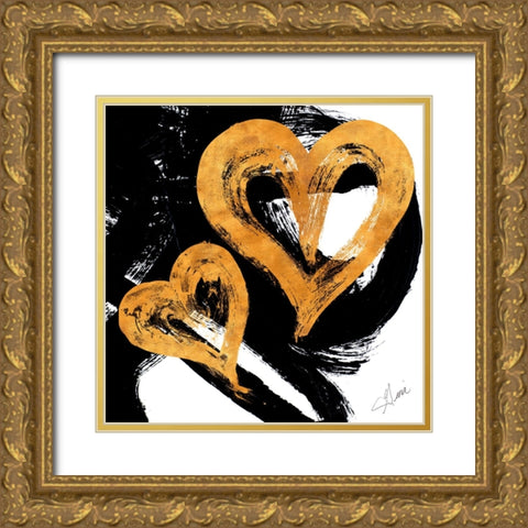 Black And Gold Heart Strokes II Gold Ornate Wood Framed Art Print with Double Matting by Ritter, Gina