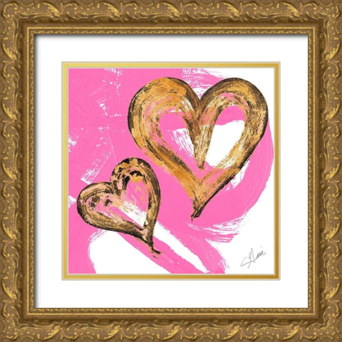 Pink and Gold Heart Strokes II Gold Ornate Wood Framed Art Print with Double Matting by Ritter, Gina