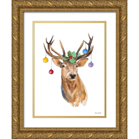 Deer with Holly and Ornaments Gold Ornate Wood Framed Art Print with Double Matting by Loreth, Lanie