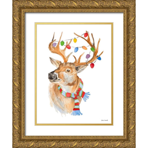 Deer with Lights and Scarf Gold Ornate Wood Framed Art Print with Double Matting by Loreth, Lanie