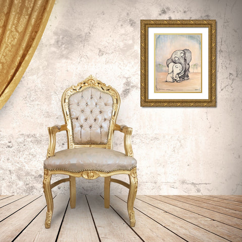 Whimsical Mom and Baby Elephant Gold Ornate Wood Framed Art Print with Double Matting by Diannart