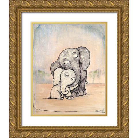 Whimsical Mom and Baby Elephant Gold Ornate Wood Framed Art Print with Double Matting by Diannart