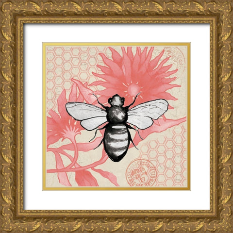 Bee on Pink Flower Square Gold Ornate Wood Framed Art Print with Double Matting by Medley, Elizabeth