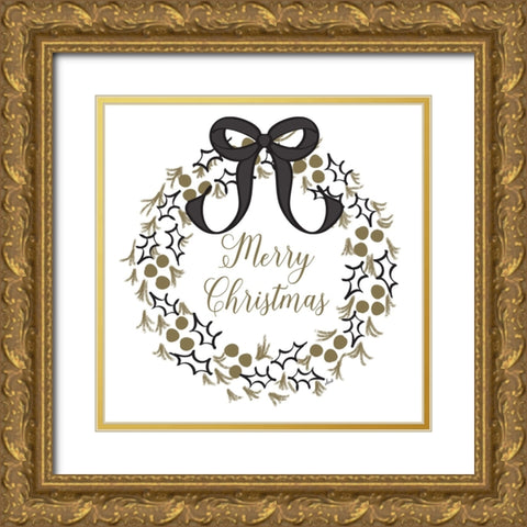 Merry Christmas Wreath Gold Ornate Wood Framed Art Print with Double Matting by Metz, Andi