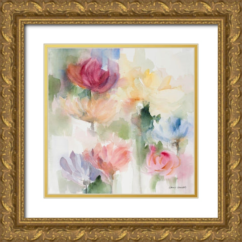 Gardening In The Rain Square Gold Ornate Wood Framed Art Print with Double Matting by Loreth, Lanie