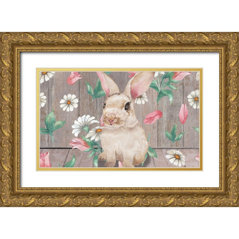Bunny with Spring Florals Gold Ornate Wood Framed Art Print with Double Matting by Medley, Elizabeth