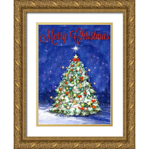 Merry Christmas Tree Gold Ornate Wood Framed Art Print with Double Matting by Diannart