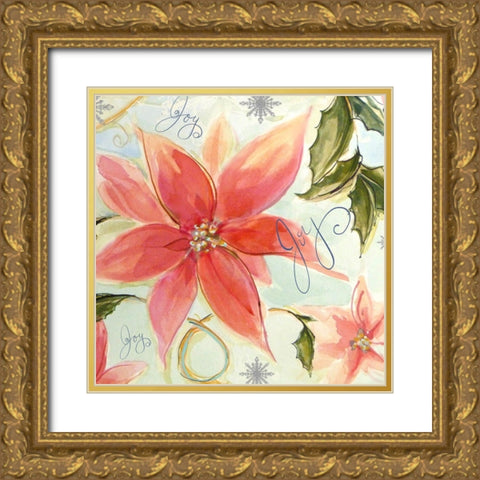 Joy Watercolor Poinsettia Gold Ornate Wood Framed Art Print with Double Matting by Diannart