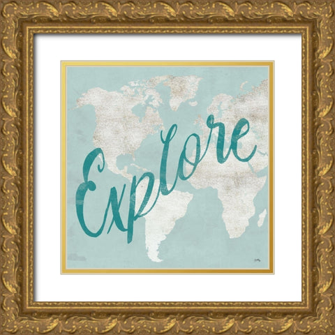 Teal Discover Map I Gold Ornate Wood Framed Art Print with Double Matting by Medley, Elizabeth