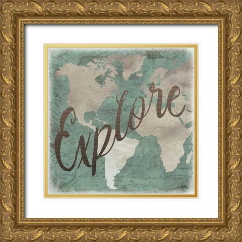 Explore Map Square Gold Ornate Wood Framed Art Print with Double Matting by Medley, Elizabeth