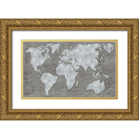 World Map On Script Gold Ornate Wood Framed Art Print with Double Matting by Medley, Elizabeth