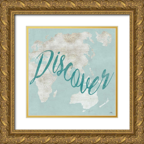Teal Discover Map II Gold Ornate Wood Framed Art Print with Double Matting by Medley, Elizabeth