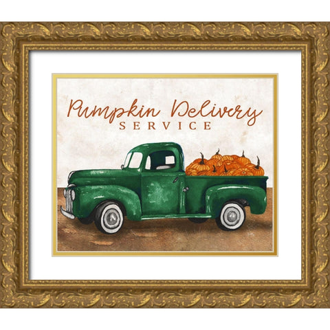 Pumpkin Delivery Service Gold Ornate Wood Framed Art Print with Double Matting by Medley, Elizabeth