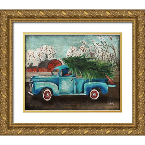 Blue Truck and Tree I Gold Ornate Wood Framed Art Print with Double Matting by Medley, Elizabeth