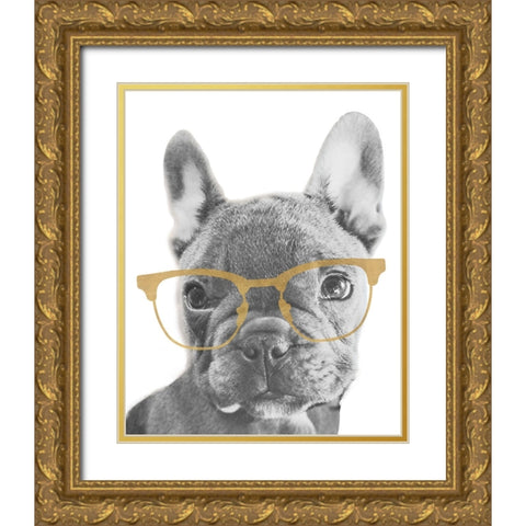 Frenchie Gold Glasses Gold Ornate Wood Framed Art Print with Double Matting by SD Graphics Studio