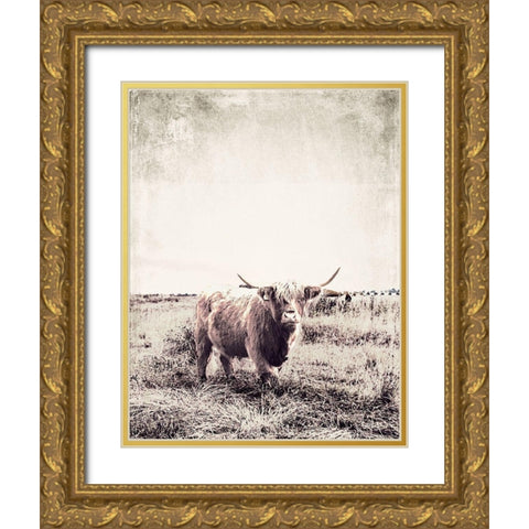 Vintage Highland Cattle Gold Ornate Wood Framed Art Print with Double Matting by SD Graphics Studio