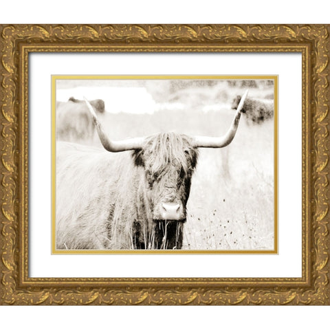 Sepia Bull Portrait Gold Ornate Wood Framed Art Print with Double Matting by SD Graphics Studio