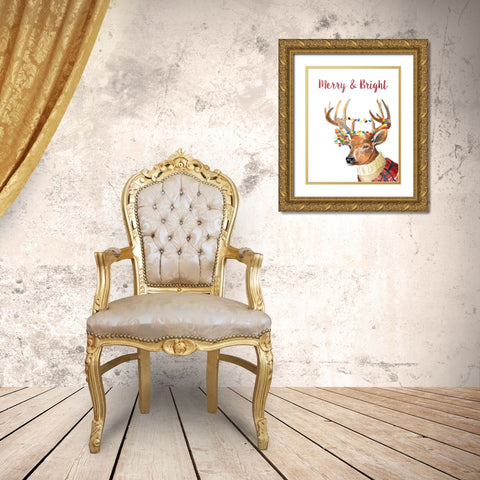 Merry and Bright Reindeer Gold Ornate Wood Framed Art Print with Double Matting by Loreth, Lanie