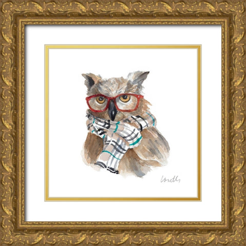Owl in Scarf and Glasses Gold Ornate Wood Framed Art Print with Double Matting by Loreth, Lanie
