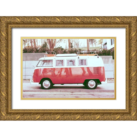 Beach Van Gold Ornate Wood Framed Art Print with Double Matting by SD Graphics Studio