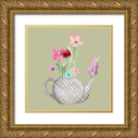 Floral In A Sriped Vase I Gold Ornate Wood Framed Art Print with Double Matting by Loreth, Lanie