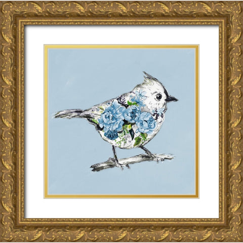 The Blue Floral Bird II Gold Ornate Wood Framed Art Print with Double Matting by Pinto, Patricia