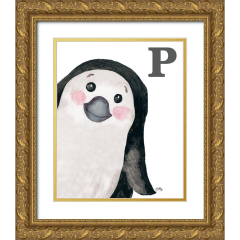 P is for Penguin Gold Ornate Wood Framed Art Print with Double Matting by Medley, Elizabeth