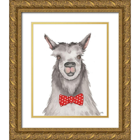 Llama with Red Dot Bow tie Gold Ornate Wood Framed Art Print with Double Matting by Medley, Elizabeth