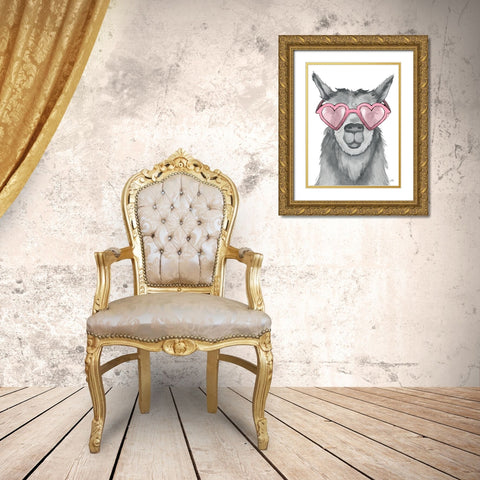 Llama With Pink Shades Gold Ornate Wood Framed Art Print with Double Matting by Medley, Elizabeth