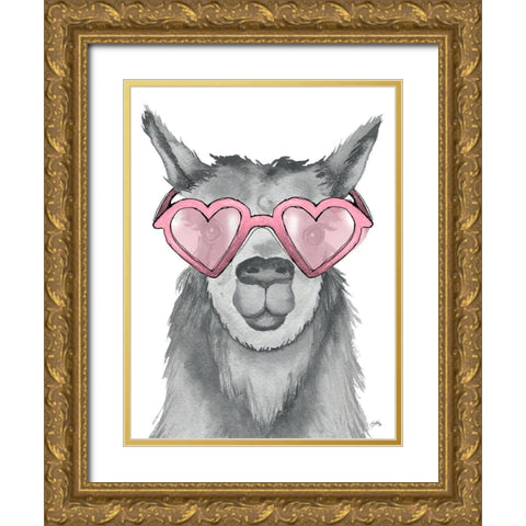 Llama With Pink Shades Gold Ornate Wood Framed Art Print with Double Matting by Medley, Elizabeth