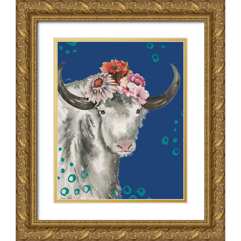 Floral Yak on Blue Gold Ornate Wood Framed Art Print with Double Matting by Medley, Elizabeth