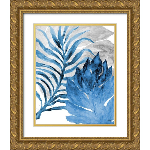 Blue Fern and Leaf I Gold Ornate Wood Framed Art Print with Double Matting by Medley, Elizabeth