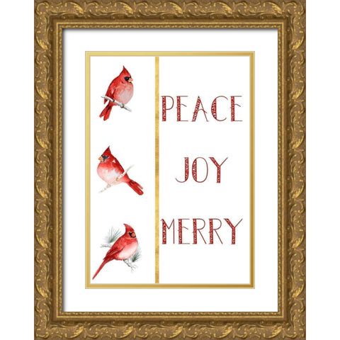 Peace Joy Merry Cardinals Gold Ornate Wood Framed Art Print with Double Matting by Gaynor, Janice