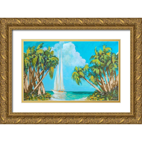 Sailboat among Palms Gold Ornate Wood Framed Art Print with Double Matting by Meneely, Dan