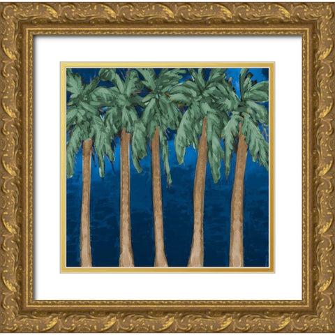 Stately Palms On Blue Gold Ornate Wood Framed Art Print with Double Matting by Meneely, Dan