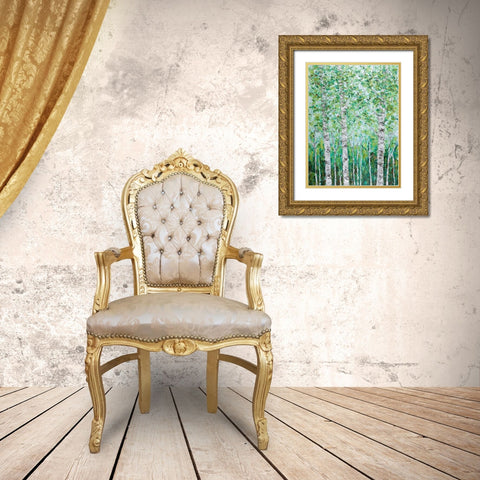 Green Birchwood I Gold Ornate Wood Framed Art Print with Double Matting by Coolick, Ann Marie