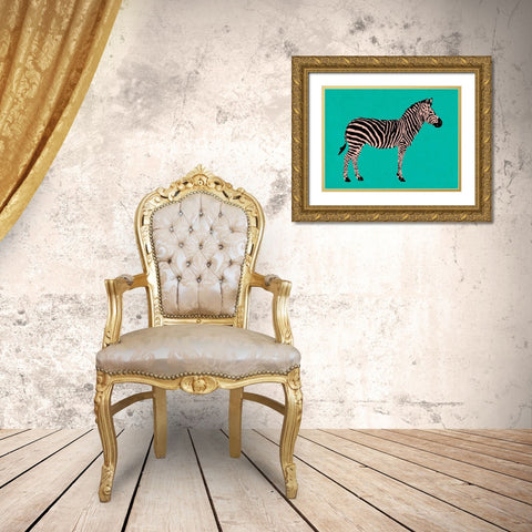 Zebra on Teal Gold Ornate Wood Framed Art Print with Double Matting by Pinto, Patricia