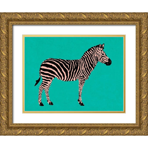 Zebra on Teal Gold Ornate Wood Framed Art Print with Double Matting by Pinto, Patricia