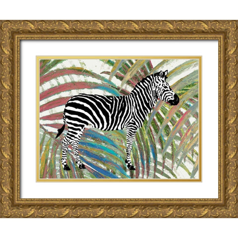 Zebra on Multicolored Leaves Gold Ornate Wood Framed Art Print with Double Matting by Pinto, Patricia