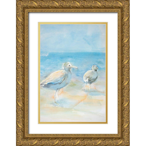 Wading Seagulls Gold Ornate Wood Framed Art Print with Double Matting by Diannart