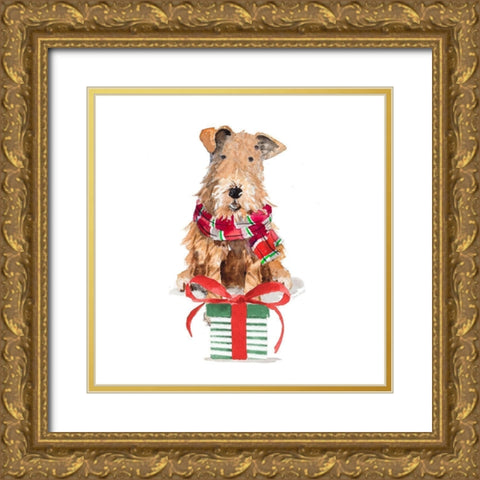 Christmas Airedale Terrier Gold Ornate Wood Framed Art Print with Double Matting by Loreth, Lanie