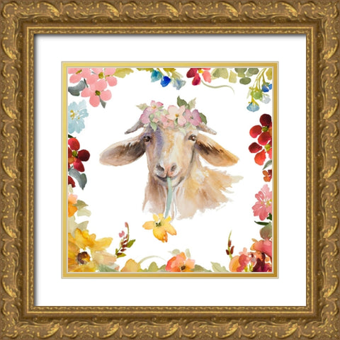 Goat with Floral Border Gold Ornate Wood Framed Art Print with Double Matting by Loreth, Lanie