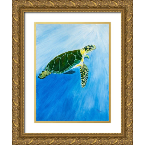 Green Turtle Gold Ornate Wood Framed Art Print with Double Matting by Odum, Jan