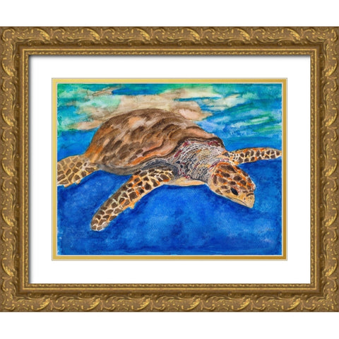 Turtle at Sea Gold Ornate Wood Framed Art Print with Double Matting by Odum, Jan