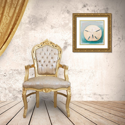 Sand Dollar on Teal Gold Ornate Wood Framed Art Print with Double Matting by Diannart