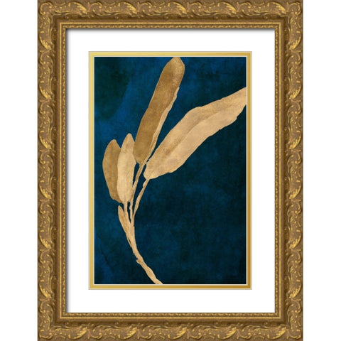 Gold Leaves on Navy III Gold Ornate Wood Framed Art Print with Double Matting by Loreth, Lanie